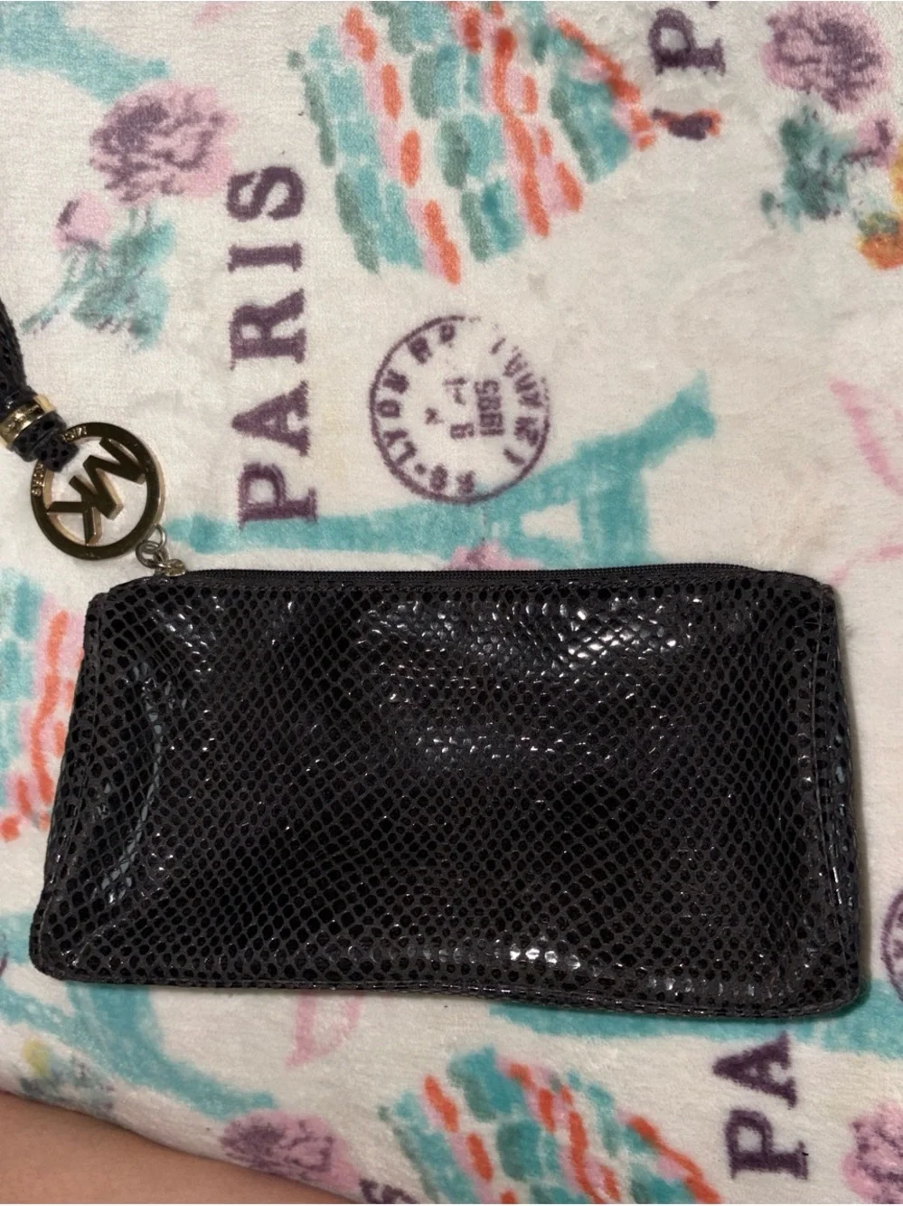 Michael Kors Black Snake-Embossed Cosmetic Pouch with Logo Charm